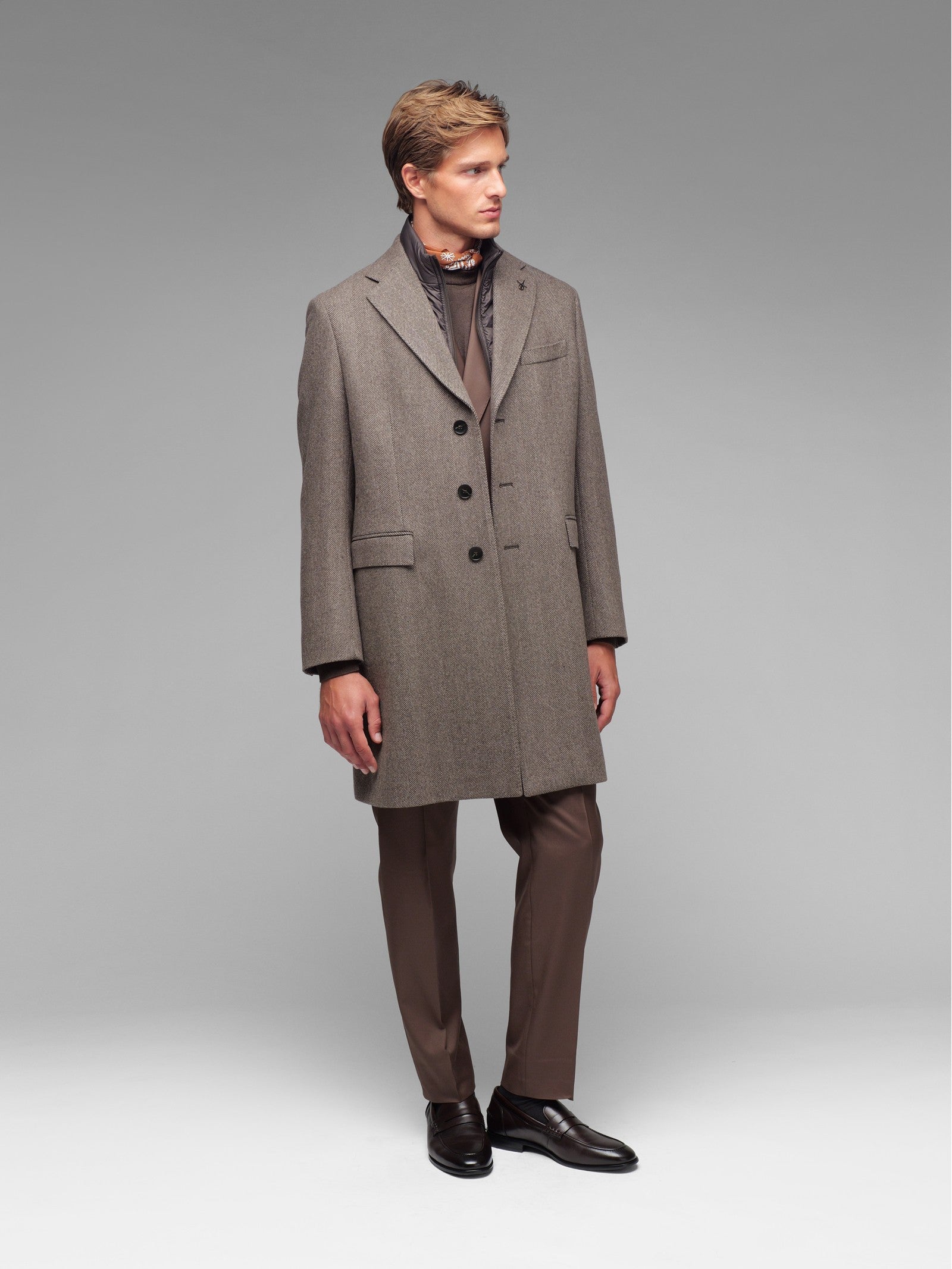 Cappotto pettorina chevron misto lana cashmere 44 / MARRONE