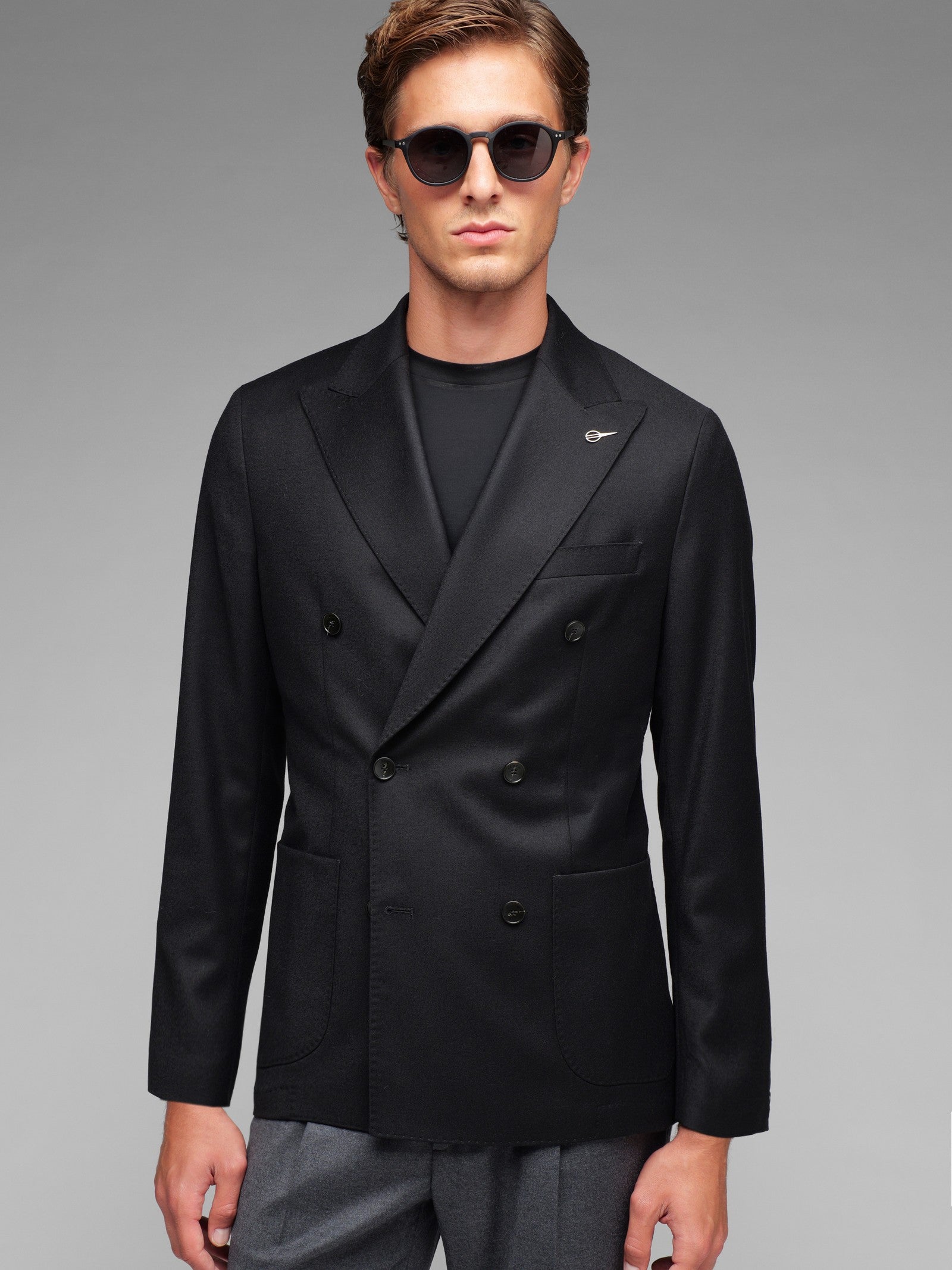 Giacca doppiopetto flanella di lana stretch 44 / NERO