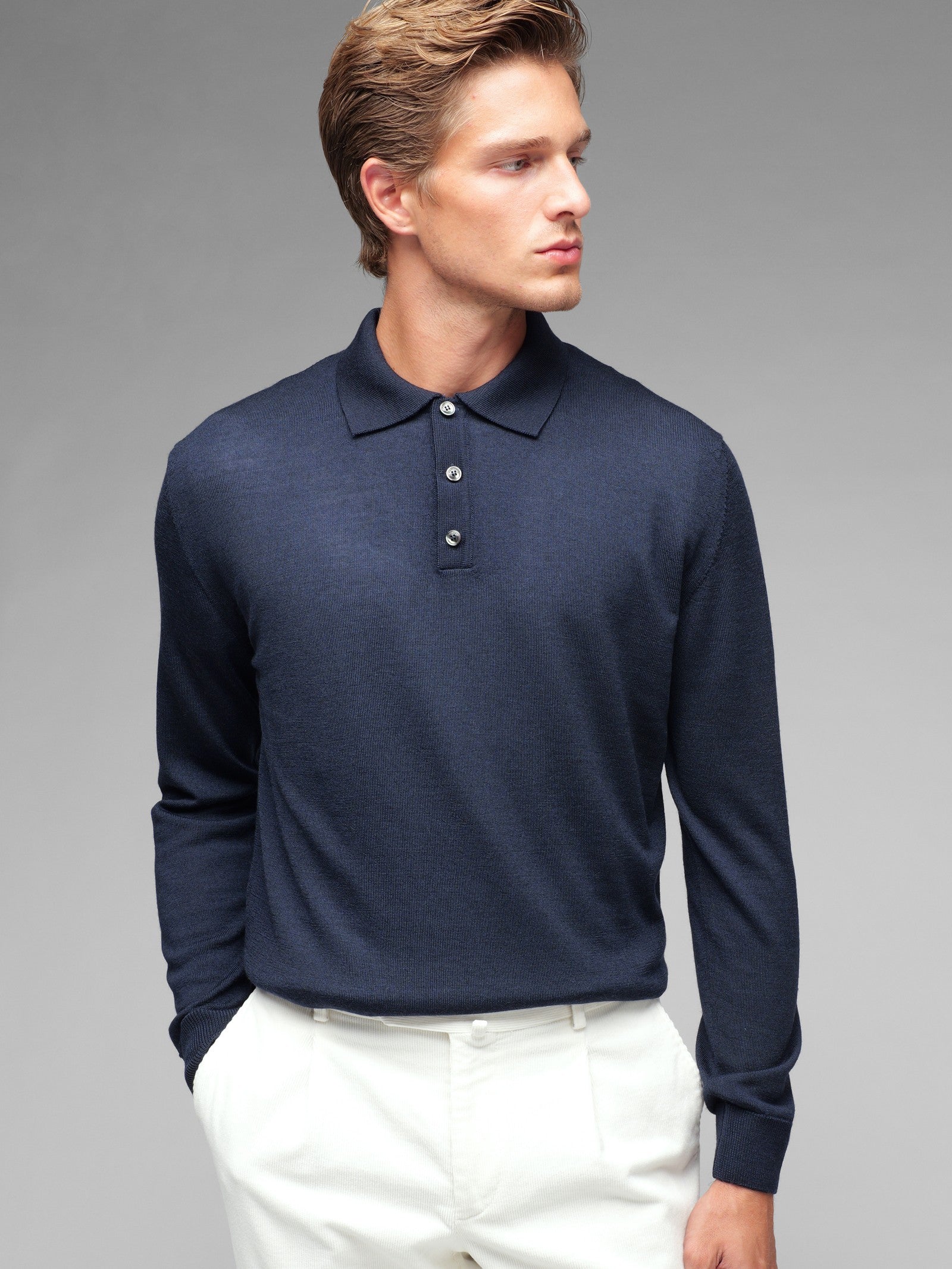 Polo manica lunga rasato pura lana merinos 3XL / BLU